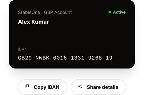 StableOne Private IBAN Account Dashboard Interface View